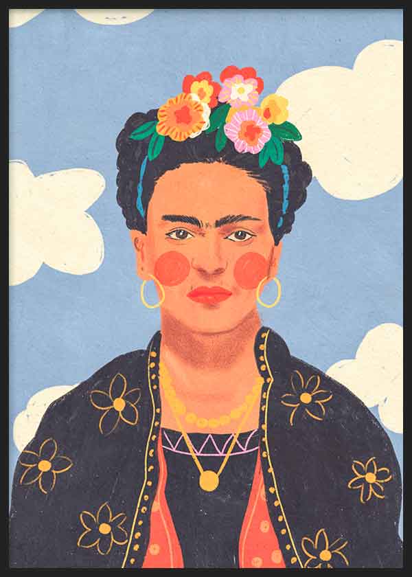 Cuadro de ilustración de Frida Kalho sobre con moño de flores sobre cielo azul de fondo. Una de las obras de Gigi Rosado