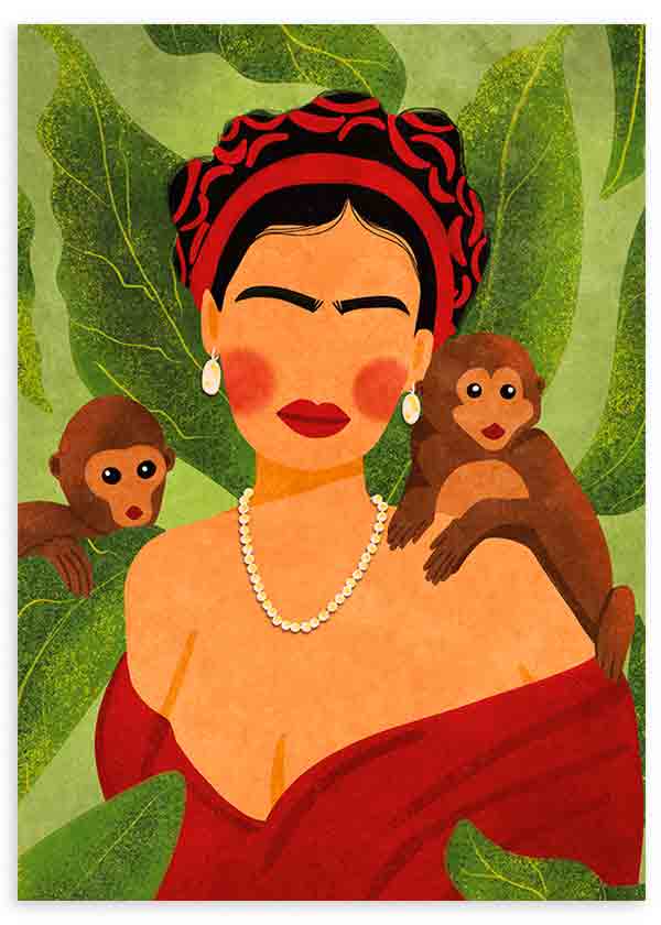 Cuadro de ilustración de Frida Kalho sobre con monos sobre fondo verde y motivos florales
