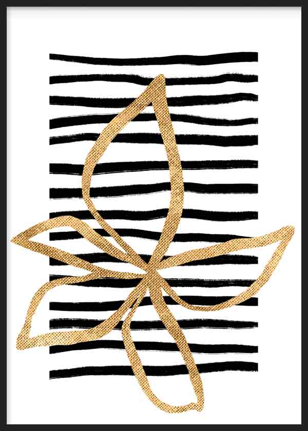 Cuadro abstracto ilustración lineal de flor en tono dorado sobre líneas en negro