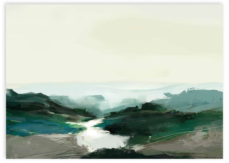 Cuadro horizontal de paisaje efecto acuarela con montañas y rio en tonos verdes y azules y marrones.