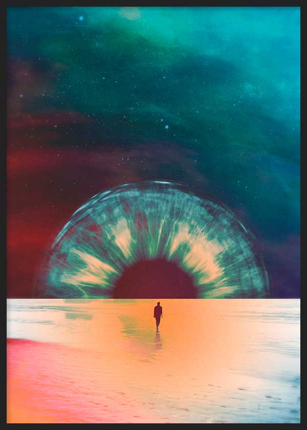 Cuadro collage surrealista con elementos como mar, cielo, espacio y hombre.
