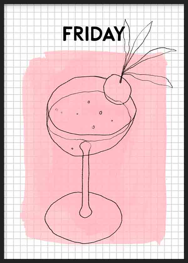 Cuadro de ilustración artística de refresco o cocktail y palabra "Friday". ¡Una obra muy de viernes!