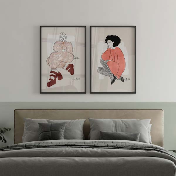 Cuadro de ilustración artística de mujer con tacones rojos sobre fondo beige. Una obra cargada de estilo. Conjunto de cuadros.