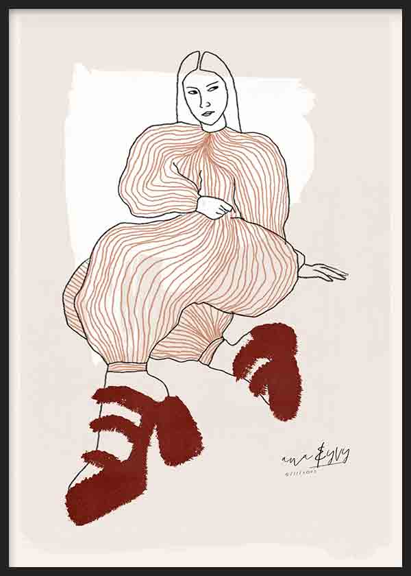 Cuadro de ilustración artística de mujer con tacones rojos sobre fondo beige. Una obra cargada de estilo