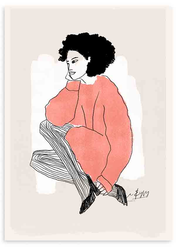 Cuadro de ilustración artística de mujer con jersey rojos sobre fondo beige. Una obra cargada de estilo.