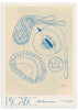 Cuadro de ilustración artística con frutas en trazo azul y fondo beige, ideal para cocina.