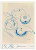 Cuadro de ilustración artística con frutas en trazo azul y fondo beige, ideal para cocina. 