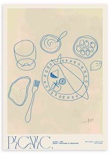 Cuadro de ilustración artística en trazo azul y fondo beige, ideal para cocina.