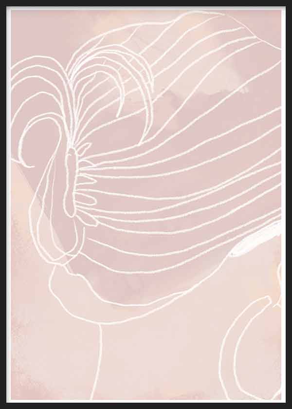 Cuadro de ilustración artística de mujer, coleta en trazo blanco sobre fondo rosado