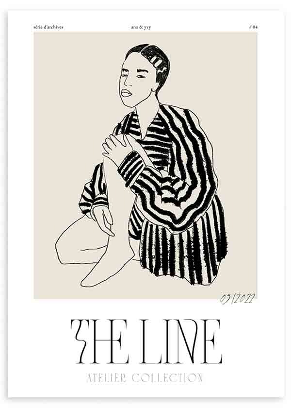 Cuadro de ilustración artística de mujer con camisa de rayas negras sobre fondo beige. Una obra cargada de estilo.