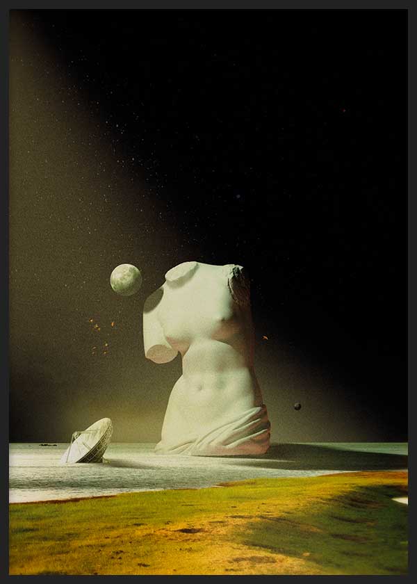 Cuadro collage surrealista de escultura de cuerpo femenino sobre un lago, con otros elementos