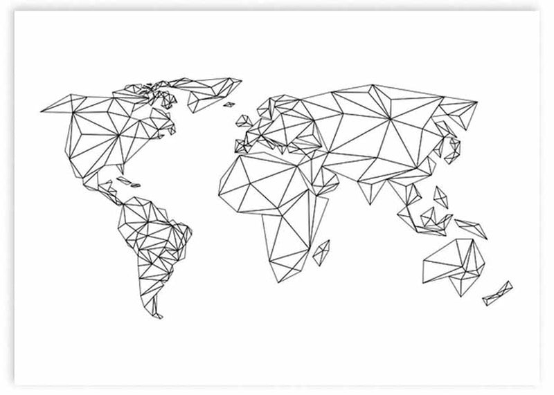 Cuadro mapa del mundo moderno y geométrico en blanco y negro. Marco negro