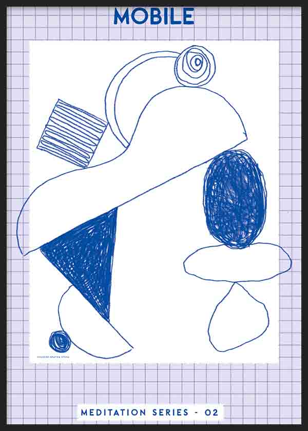 Cuadro de ilustración colorida de figuras abstractas en color azul. Atrevimiento y estilo lleno de color.