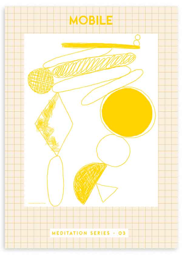 Cuadro de ilustración colorida de figuras abstractas en color amarillo. Atrevimiento y estilo lleno de color.