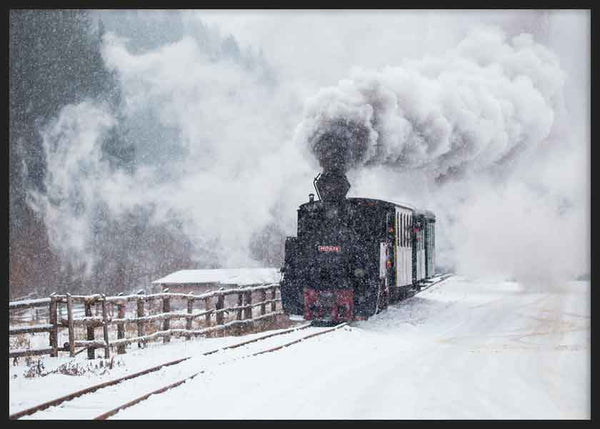 Cuadro horizontal y fotográfico de tren en paisaje nevado