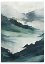 Cuadro de estilo abstracto con montañas en tonos azul verdoso y grises