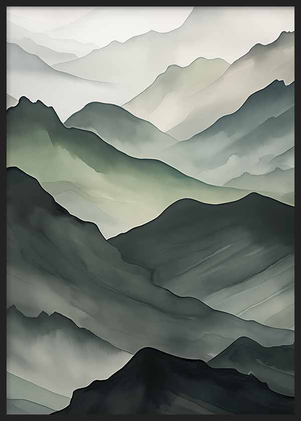 Cuadro de estilo abstracto con montañas en tonos azul verdoso y grises