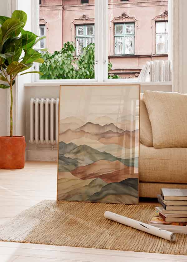 Cuadro de estilo abstracto con montañas en tonos ocre y marrón