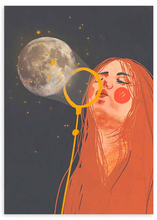 Cuadro collage de niña haciendo pompas y luna, ilustración vintage y colorida. Un cuadro lleno de creatividad y originalidad