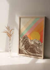 Cuadro collage de montañas sobre ilustración colorida y sol. Una obra de carácter retro con mucho estilo y personalidad