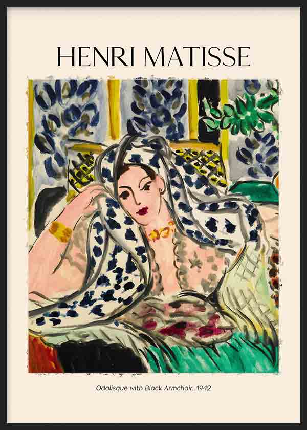 Cuadro artístico inspirado en el cuadro de Matisse Odalisque with black armchair. La obra fue pintada en en 1942 con el estilo innovador y colorido de Henri Matisse.