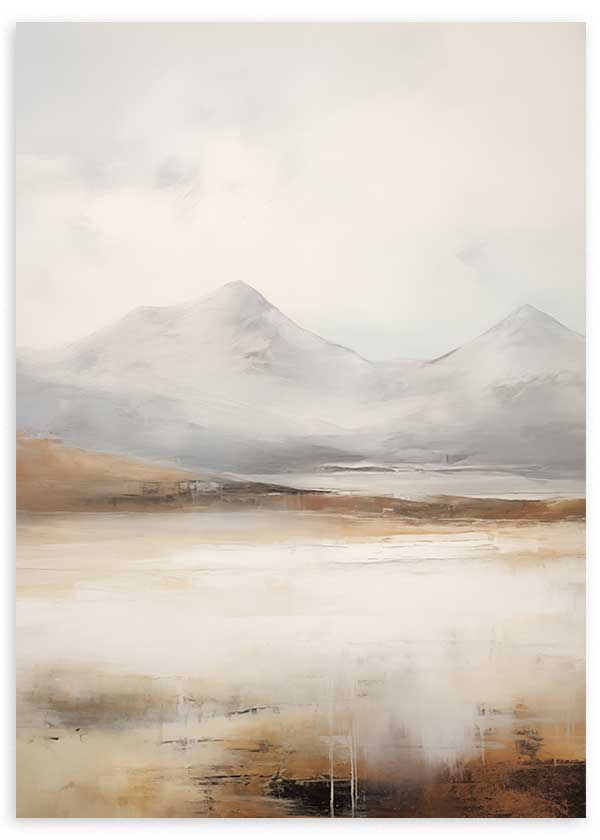 Cuadro de estilo abstracto en tonos tierra y grises, paisaje montañoso