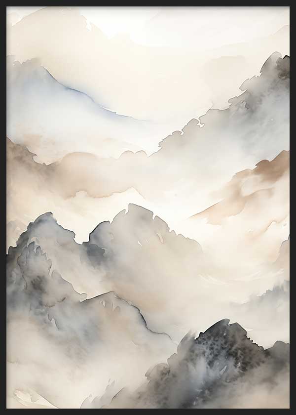 Cuadro de estilo abstracto con montañas en tonos claros y grises