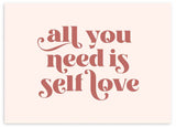 Cuadro en horizontal con frase "All you need is self love" en tonos rosados