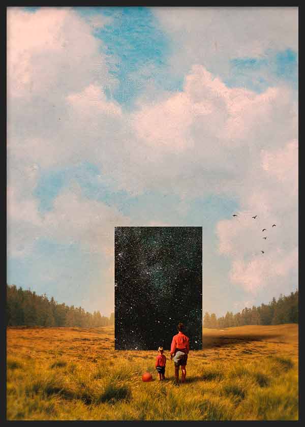 Cuadro collage de padre e hijo en el campo con una ventana al universo