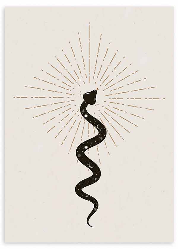 Cuadro con ilustración de serpiente. Una obra abstracta y minimalista sobre un fondo beige oscuro.