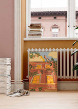 Cuadro de ilustración artística de fachada de casa colorida y vintage, con flores
