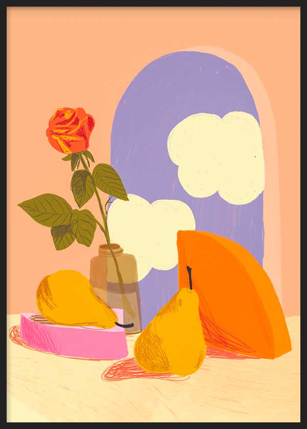 Cuadro de ilustración floral colorida y vintage; frutas y rosa sobre mesa y ventana al cielo.