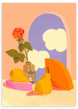Cuadro de ilustración floral colorida y vintage; frutas y rosa sobre mesa y ventana al cielo.