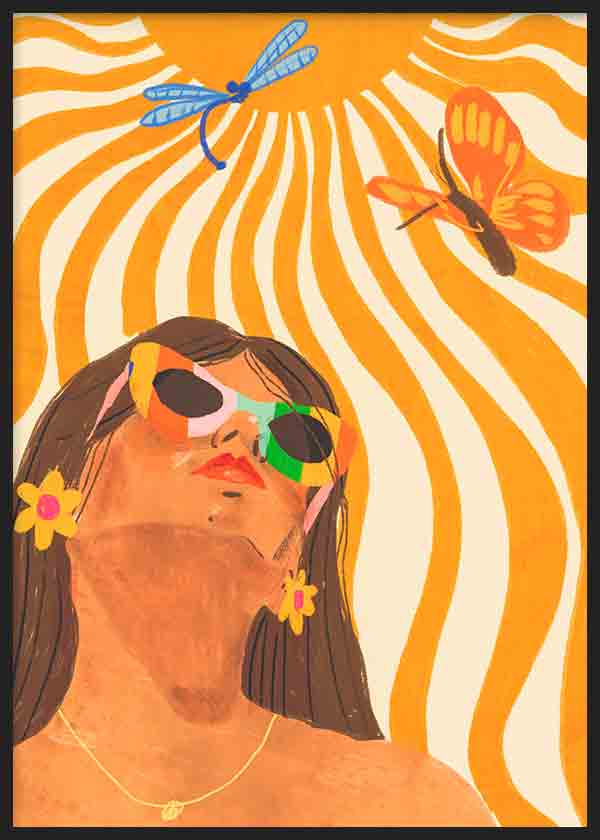 Cuadro de ilustración de mujer con gafas de sol y mariposas sobre fondo psicodélico