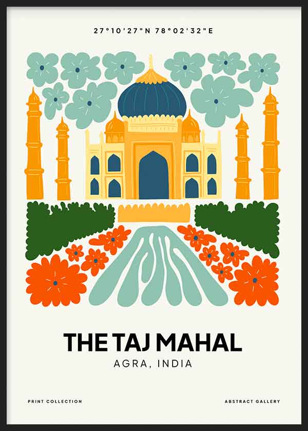 Cuadro Taj Mahal, ilustración colorida. Una obra que te hará viajar a la India para ver uno una de las 7 maravillas del mundo