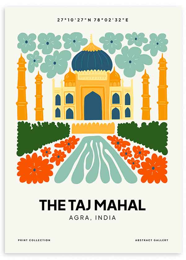 Cuadro Taj Mahal, ilustración colorida. Una obra que te hará viajar a la India para ver uno una de las 7 maravillas del mundo