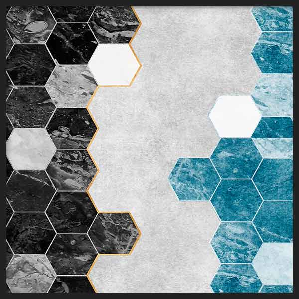 Cuadro cuadrado minimalista y con geometrías hexagonales en tonos grises y azules