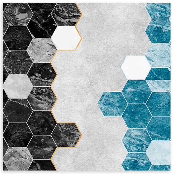 Cuadro cuadrado minimalista y con geometrías hexagonales en tonos grises y azules