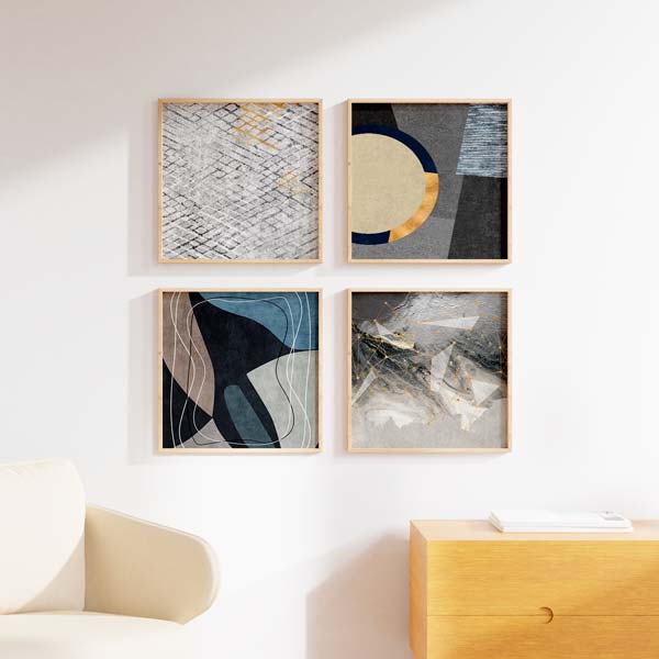 Cuadro cuadrado minimalista y abstracto con geometrías en tonos grises y amarillos. Una obra con mucha elegancia para espacios modernos