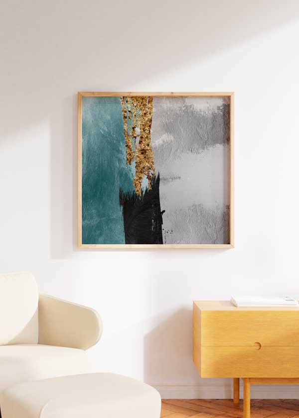 Cuadro cuadrado minimalista y abstracto en tonos grises, azules y dorados. Una obra con mucha elegancia para espacios modernos