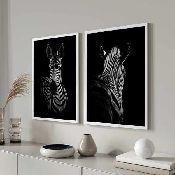 conjunto de dos Cuadros fotográficos en blanco y negro de una zebra. Una obra muy elegante con un carácter muy marcado gracias a sus tonalidades negras.
