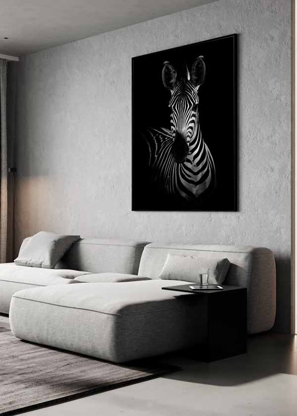 Cuadro fotográfico en blanco y negro de una zebra. Una obra muy elegante con un carácter muy marcado gracias a sus tonalidades negras.