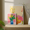 Cuadro de ilustración floral colorida y vintage, sobre fondo rosa - idea de decoración con cuadros