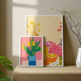 Cuadro de ilustración floral colorida y vintage, sobre fondo rosa - idea de decoración con cuadros