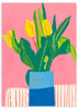 Cuadro de ilustración floral colorida y vintage, sobre fondo rosa