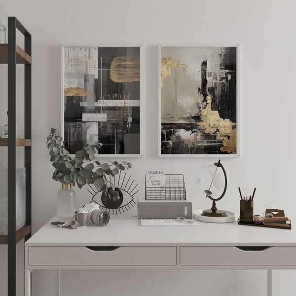 Cuadro de estilo abstracto y minimalista en tonos negros y grises con detalles dorados