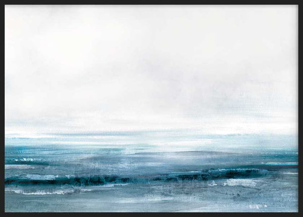 Cuadro horizontal de paisaje efecto acuarela de mar con cielo gris