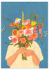 Cuadro de ilustración de mujer sobre fondo azul y ramo de flores. Una de las obras de Gigi Rosado