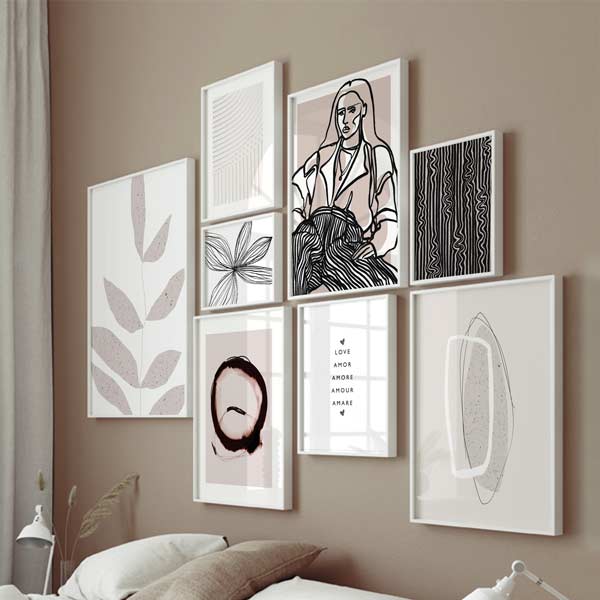 combinación de cuadros con ilustraciones en colores nórdicos, blancos y negros - para salón o dormitorio - kuadro