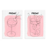 Conjunto de dos cuadros, ilustraciones artísticas de cócteles sobre fondo rosa y palabra "Friday"